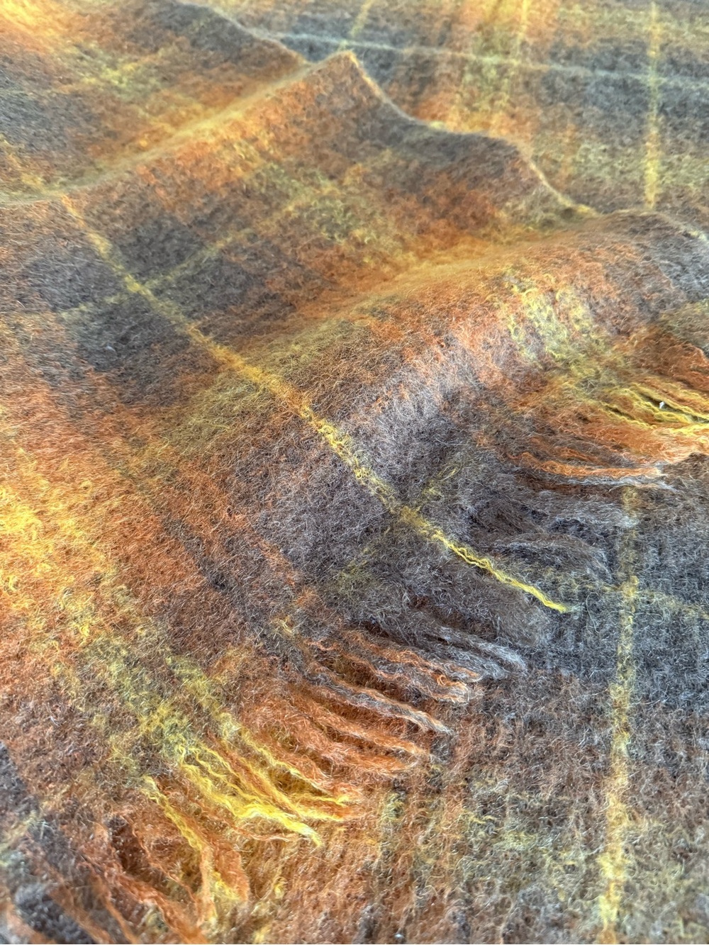 Vintage Mohair Wool Throw Blanket Fringed Brown Plaid 55” x 72” made in Ireland